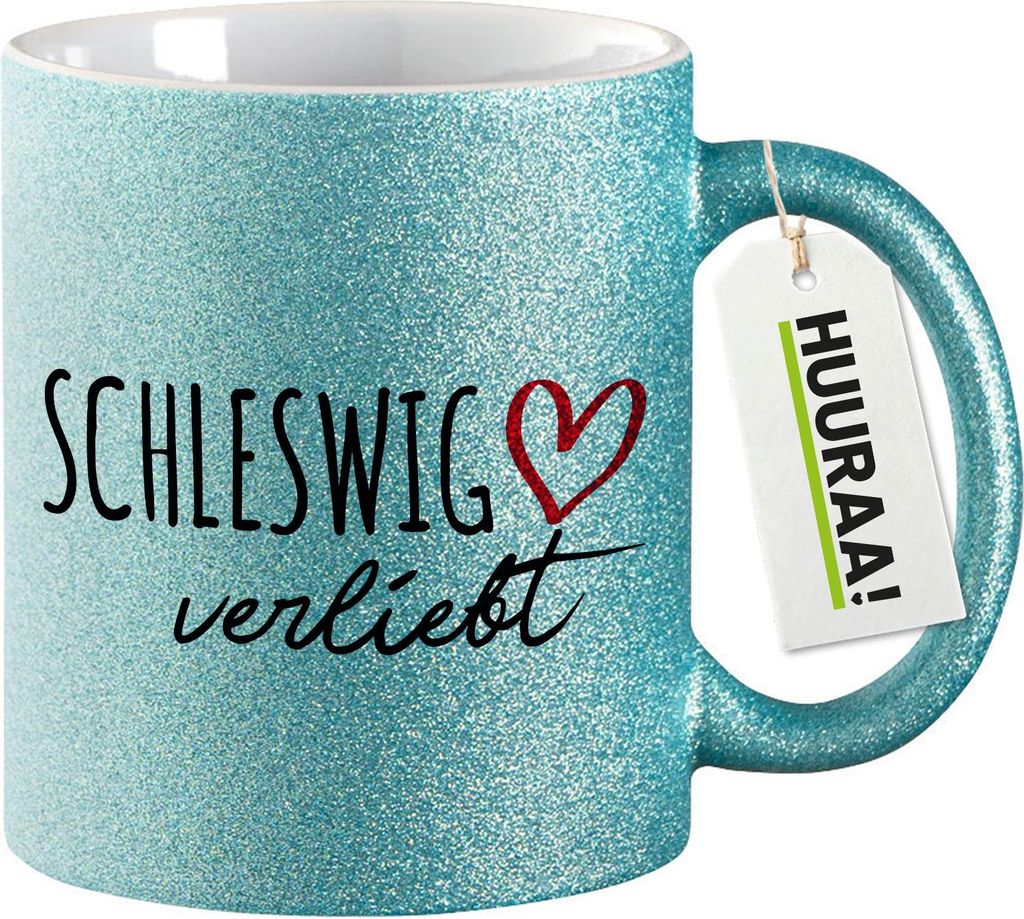 Huuraa Glitzertasse Schleswig verliebt 330ml Blau Keramik Kaffeebecher Geschenkidee