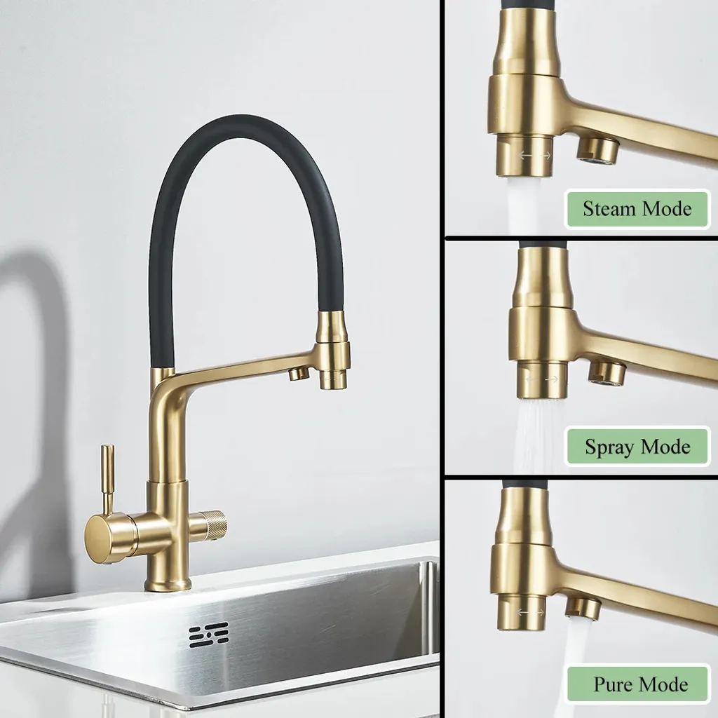 Rubinetto Cucina Oro Spazzolato 3 Vie Acqua Filtrata | Design Minimal A