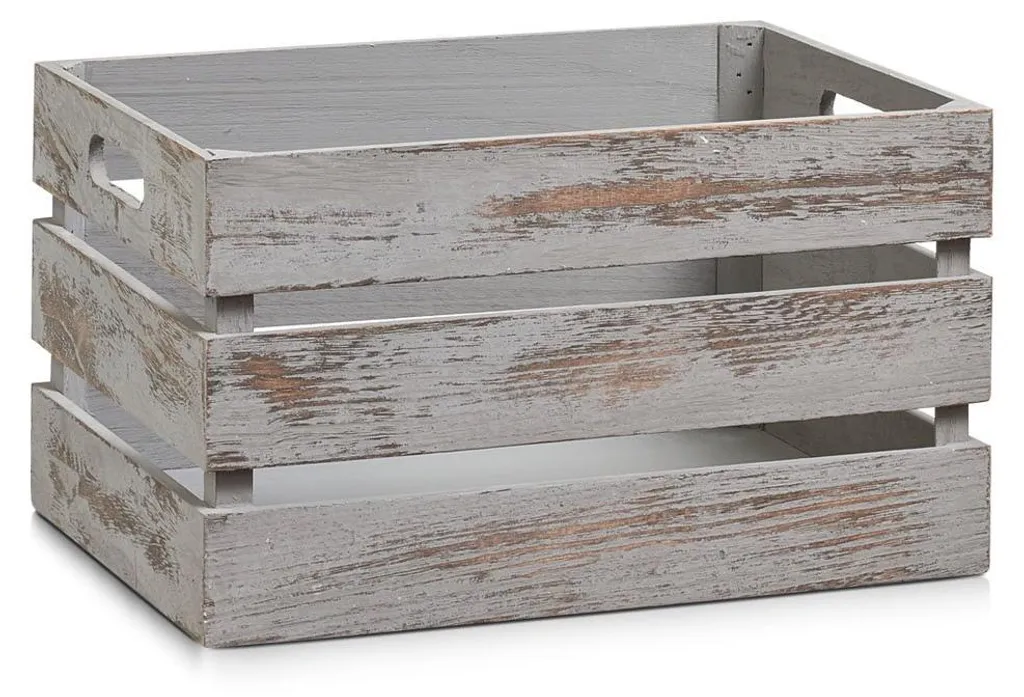 Boîte en bois gris vintage 35x25 cm avec poignées pour rangement