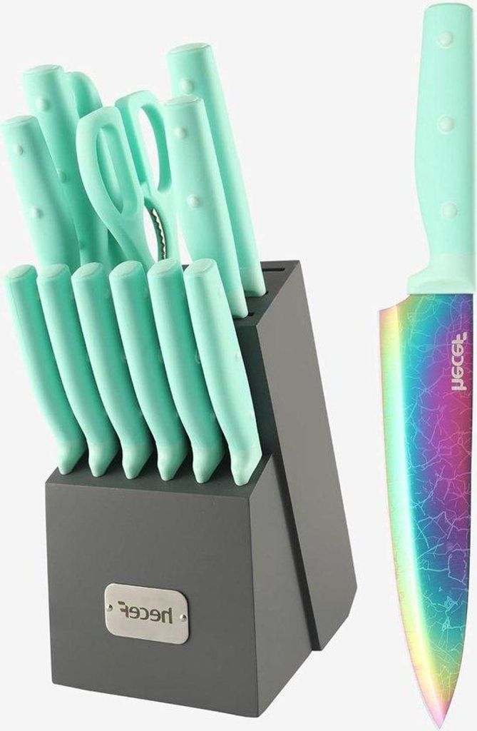 14-teiliges Stahlmesser-Set - Santoku - Brotmesser - Hobbymesser - Steakmesser - Pizzamesser - Schneideisen - Holzblock - Küchenmesser - Grün
