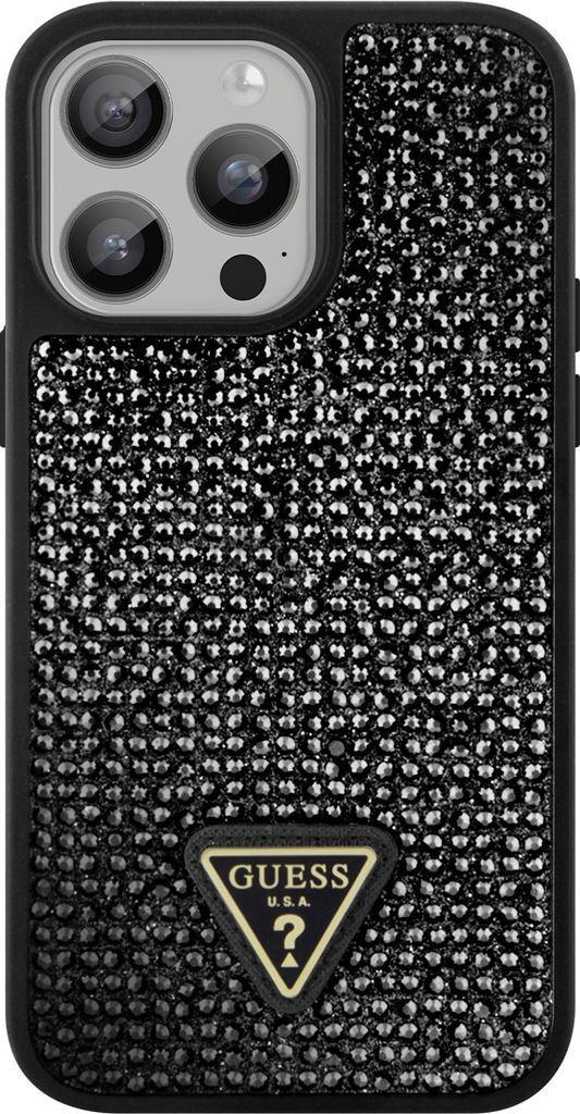 Guess IPhone 15 Pro Hülle Schwarz - PU-Leder Mit 4G-Diamant-Dreieck Design & Strass