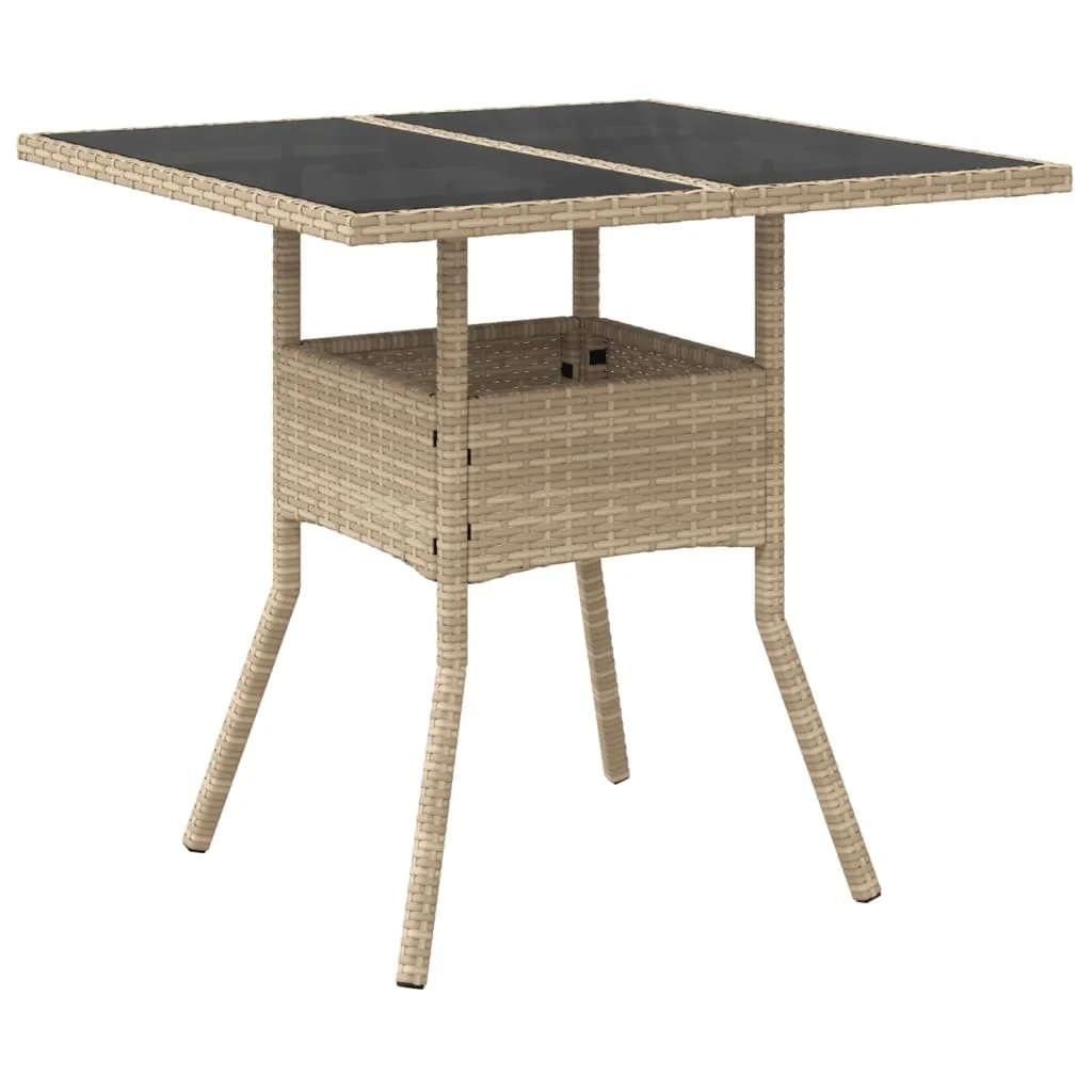 Tavolo Quadrato Esterno 80x80 cm Poly Rattan Beige Vetro Temperato