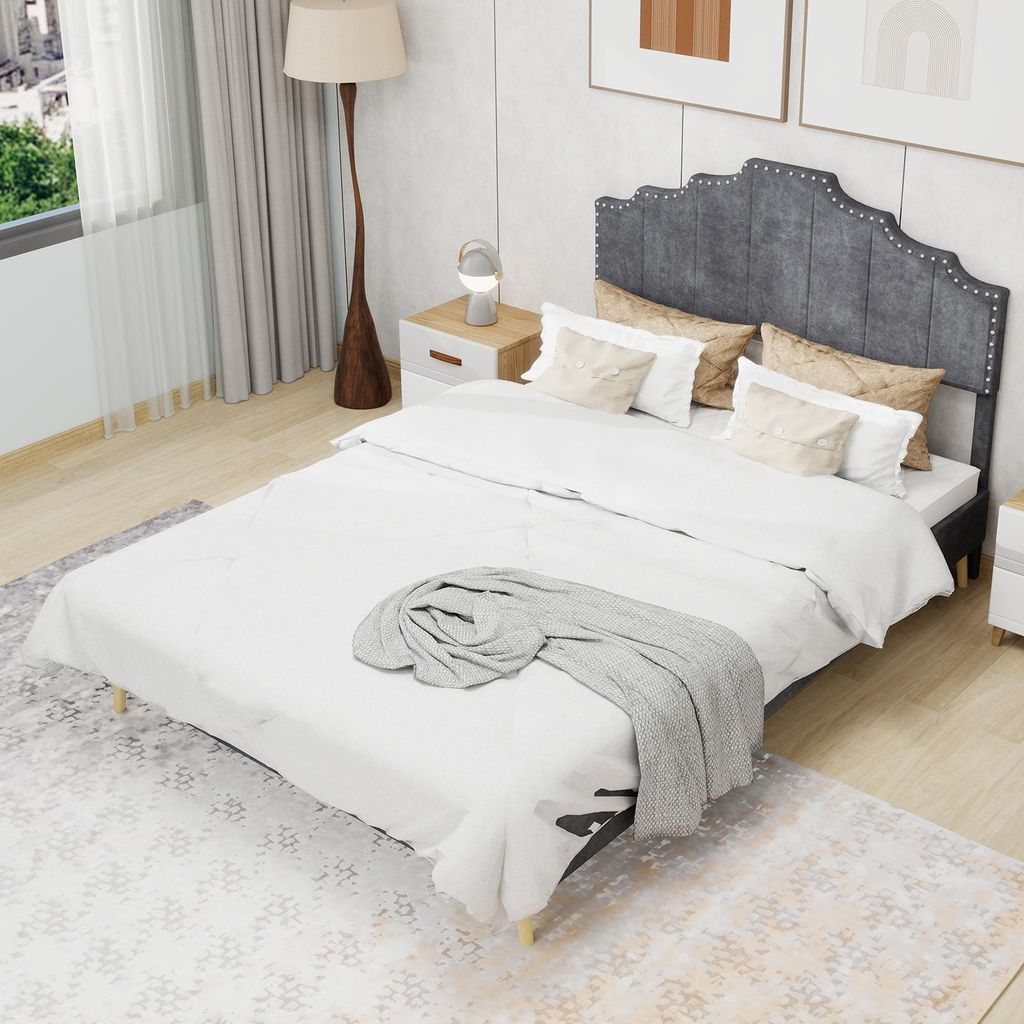 okwish Doppelbett 160x200 Jugendbett mit niedriger Bettrahmen,Bettgestell Softbett ohne Luftfederung mit Rippenbettgestell aus Hollandwollstoff,Gra...