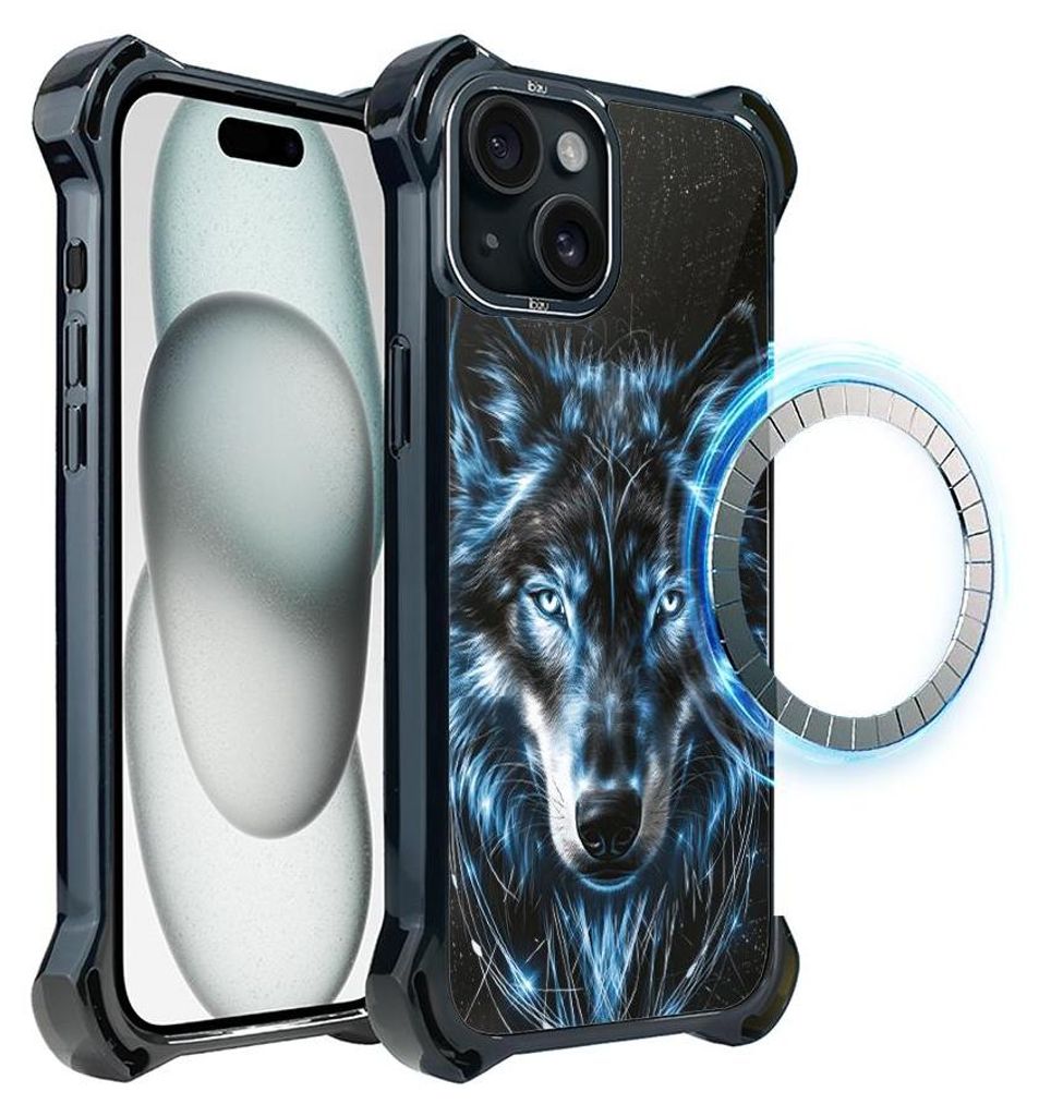 Schutzhülle für das iPhone 15 Plus, MagSafe-kompatibel, verstärkte Ecken, schwarz, Wolf