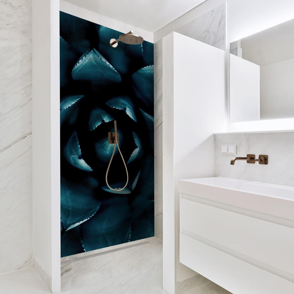 Duschrückwand mit Motiv selbstklebend - 0.61 mm Wandpaneel wasserfest Design petrol Tropisch Badrückwand fugenlos Premium matt 90x210 cm