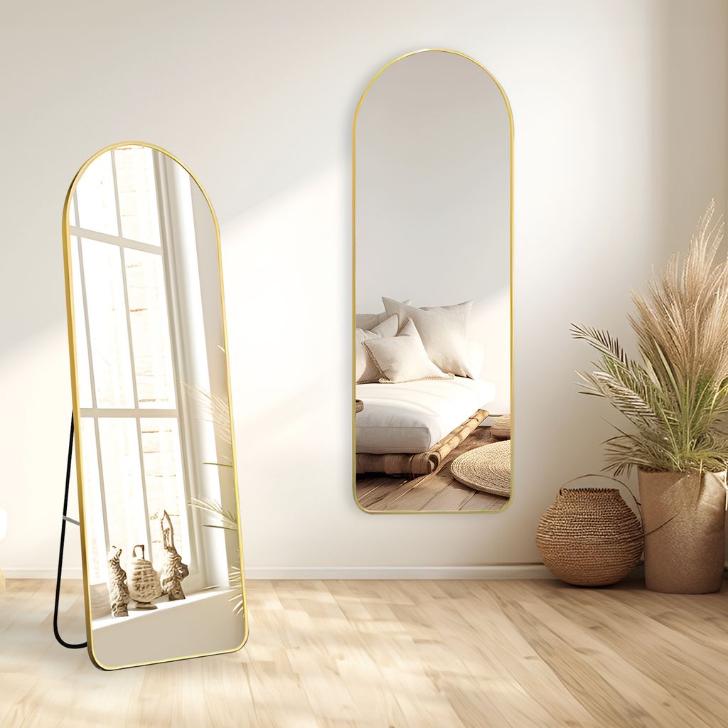 MIQU Bogen Standspiegel Ganzkörperspiegel 146 x 45 cm mit Ständer, Gold Matt Metall Rahmen Wandspiegel Lang Dekorative Groß Spiegel Wand Hänger