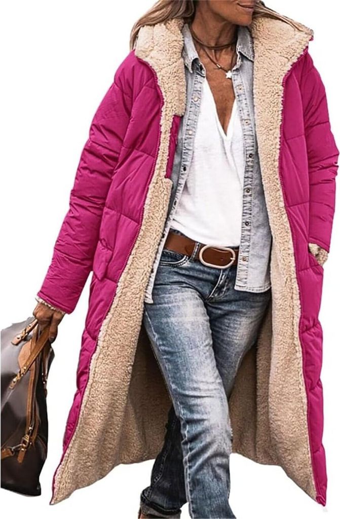 ASKSA Damen Lang Daunenmantel Warm Fleece Reversibel Winterjacke Kapuze Fleecejacke Daunenjacke Mantel, Rosarot, 2XL