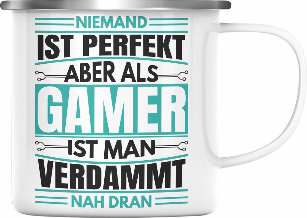 Trendation - Gamer Emaille Tasse Geschenk Niemand Ist Perfekt Zocker Geschenkidee für Jungs (Silber)