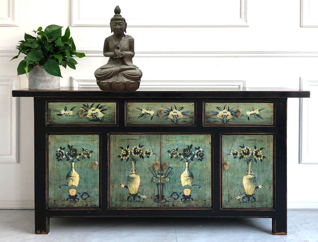 Schrank Kommode Sideboard Lowboard Möbel chinesisch asiatisch orientalisch vintage Asia Anrichte antik grün-schwarz Landhaus-Stil