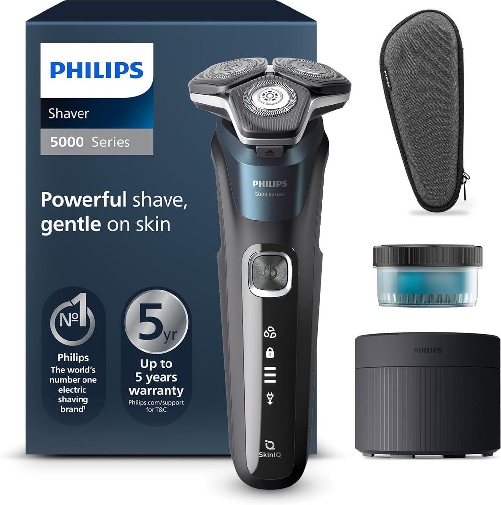 Philips Rasierer 5000 Herren S5889/50, Wet & Dry, SkinIQ-Technologie, ausklappbarer Trimmer, Reinigungsstation, Aufbewahrungstasche, Elektrisch, Blau