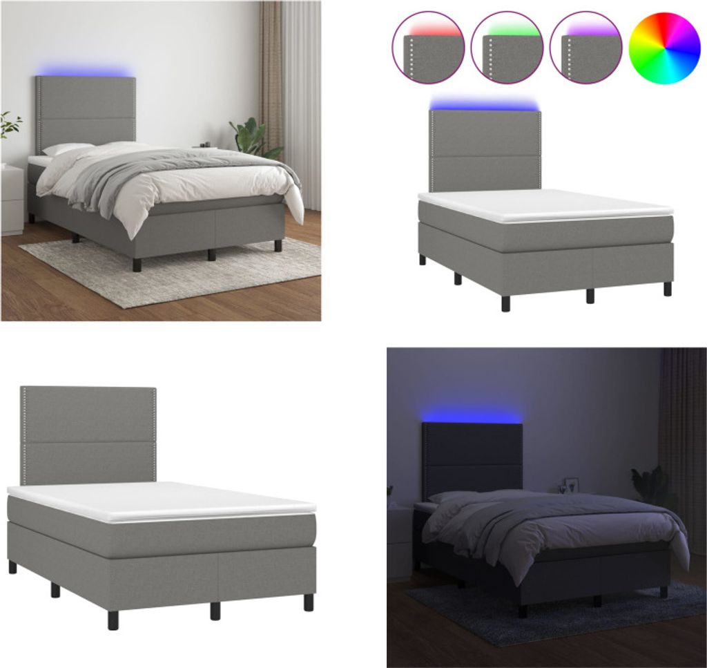 vidaXL Boxspringbett mit Matratze & LED Dunkelgrau 120x200 cm Stoff - Boxspringbett - Boxspringbetten - Bett - Schlafzimmermöbel