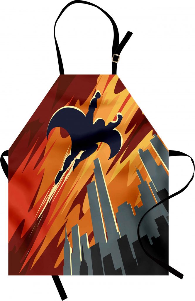 ABAKUHAUS Jahrgang Kochschürze, Schattenbild eines Superhelden über Wohnungen im Himmel-Nachtfiktions-Comic-Bild, Farbfest Höhenverstellbar Wasc...