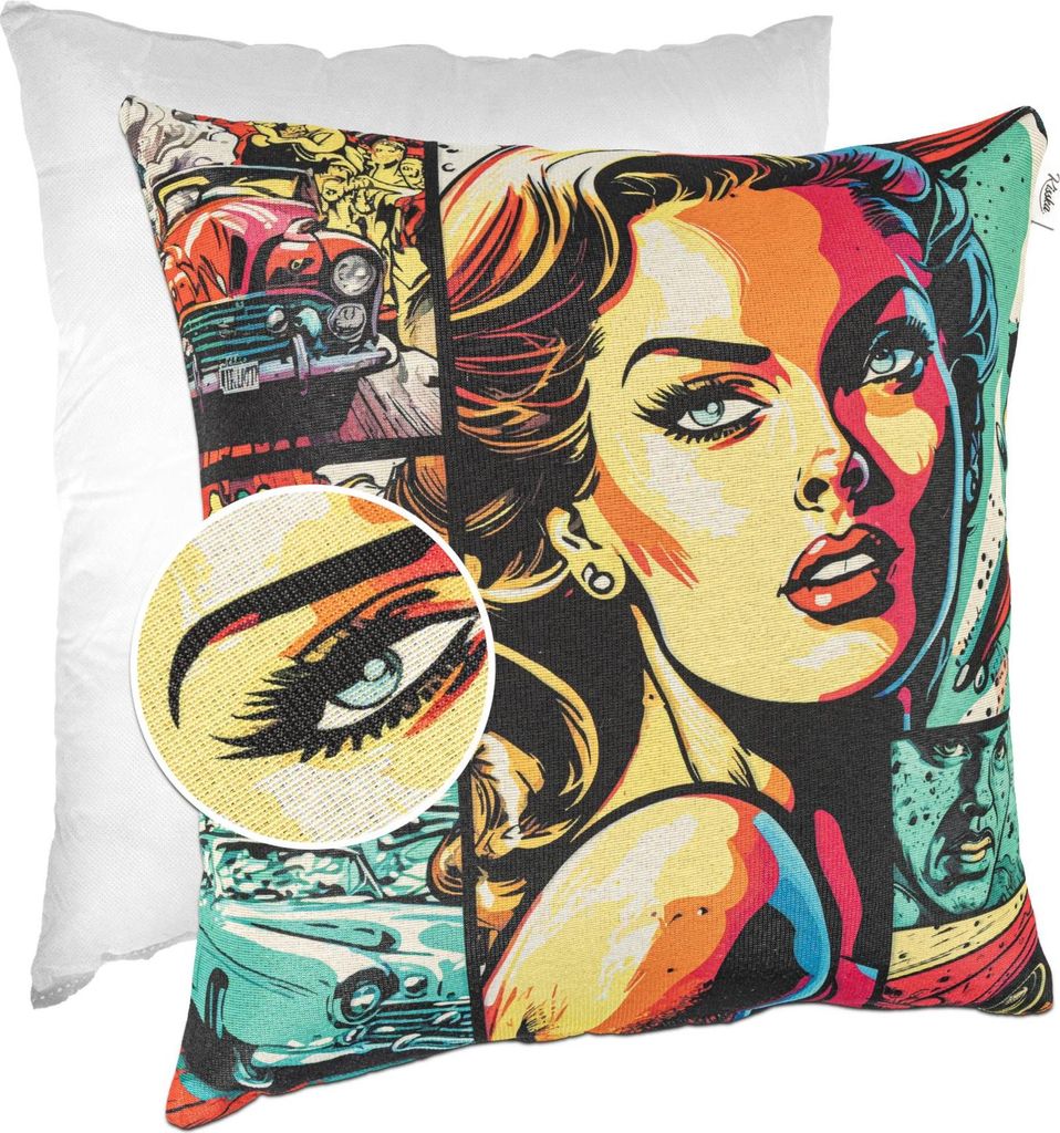 Dekokissen 40x40cm Kissenhülle mit Füllung Designer Kissenbezug mit Reißverschluss Comic Gobelin bunt