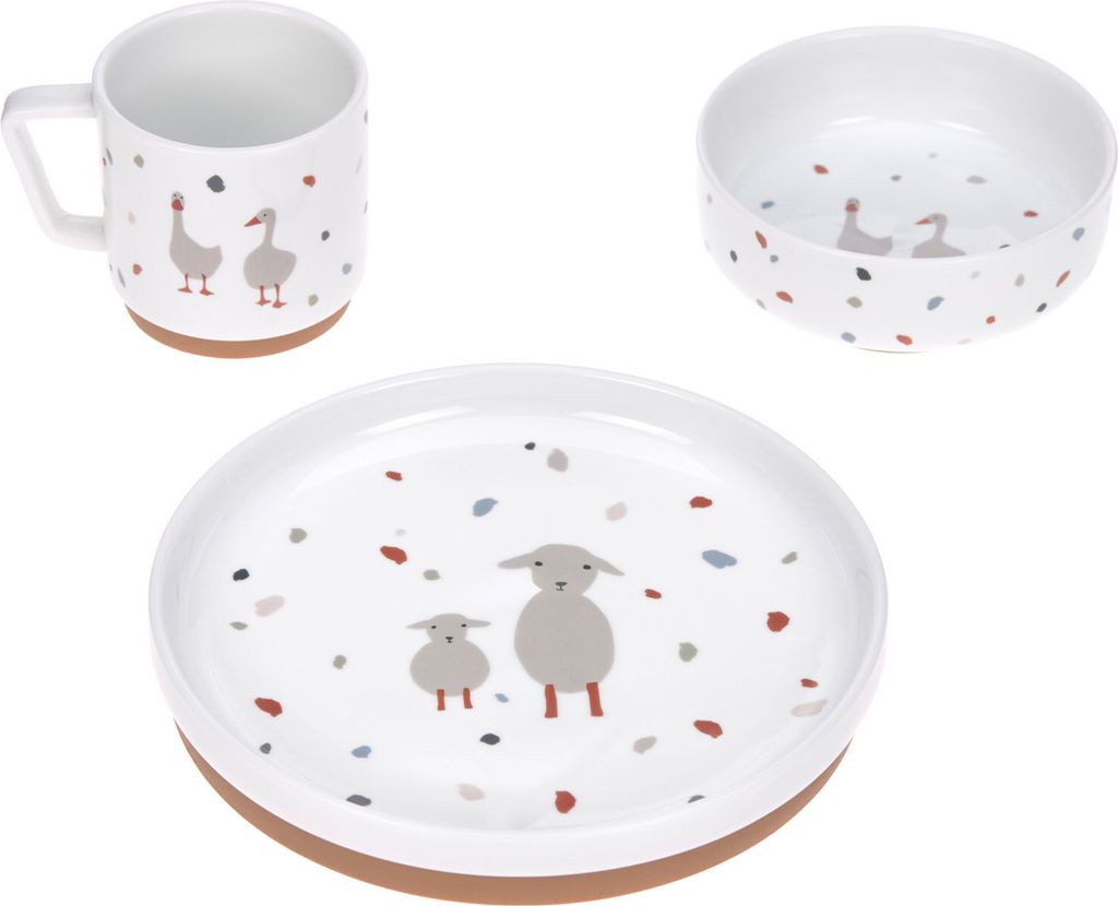 LÄSSIG Geschirrset Porzellan Kindergeschirrset Teller Schüssel Tasse mit Silikonring rutschfest Kindergeschirr/Tiny Farmer Sheep/Goose