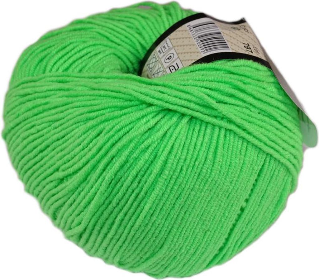 A ball of bright green yarn with a label attached.