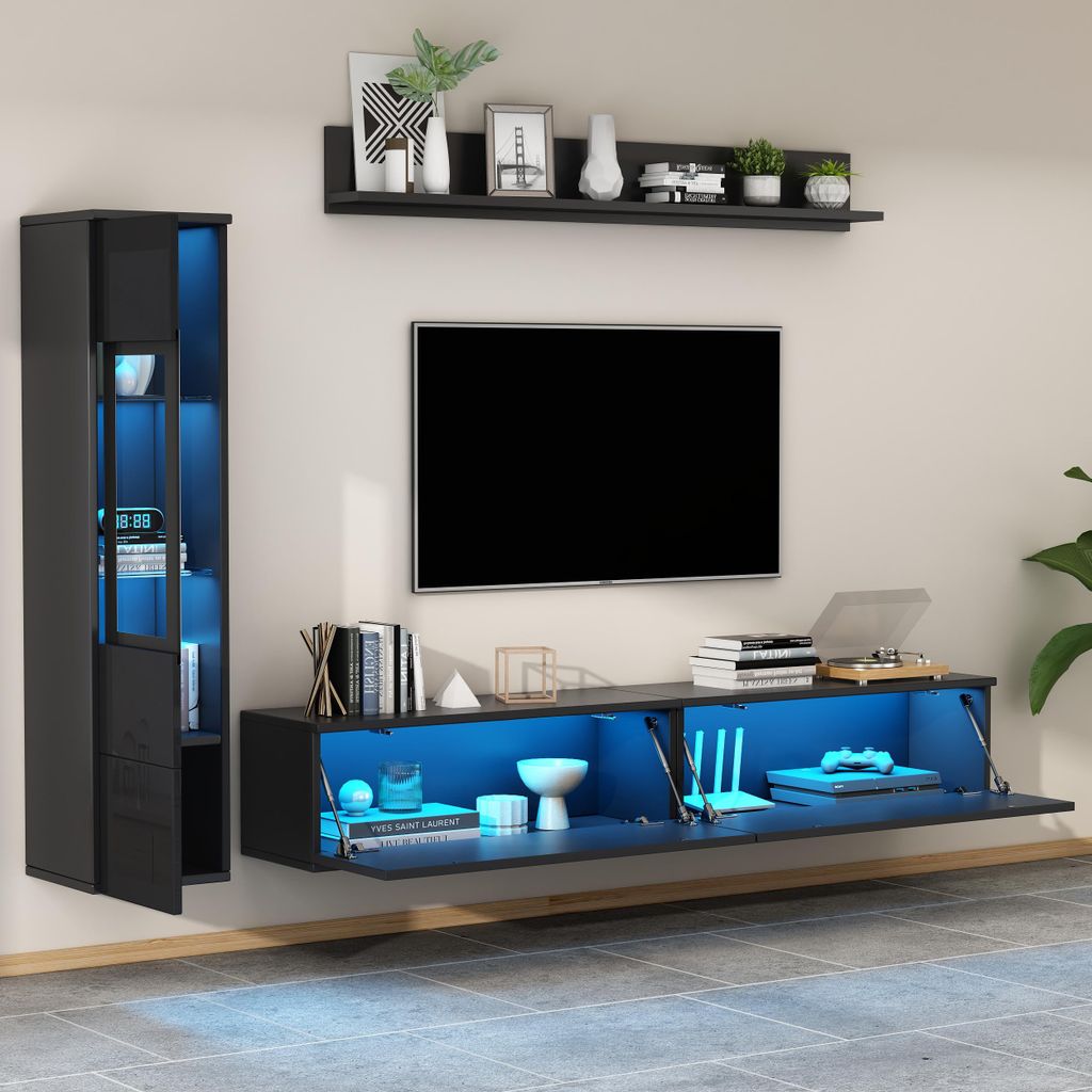 MODFU Wohnwand Modern mit großem Stauraum,Wohnzimmermöbel-Se mit einem TV-Schrank und einer Vitrine,TV-Möbel-Set mit LED Beleuchtung und wandmon...