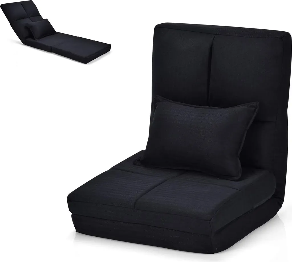 Canapé de Sol Pliable Noir avec Dossier Ajustable et Coussin de Repos