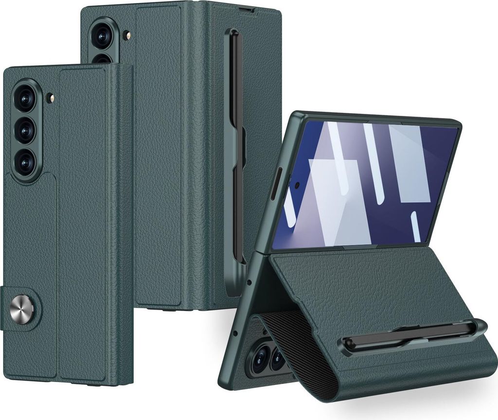Handyhülle für Samsung Galaxy Z Fold 7 Hülle mit Displayschutz, Leder Klapphülle mit Kartenhalter und Stander, Stifthalter Grün