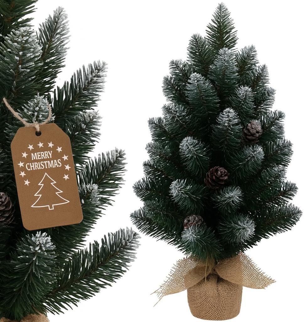 Mini Weihnachtsbaum 30 cm – Künstlicher Tannenbaum mit Schnee & Zapfen – Weihnachtsdeko mit Zementfuß & Jutesack – Ideal für Tisch & Büro