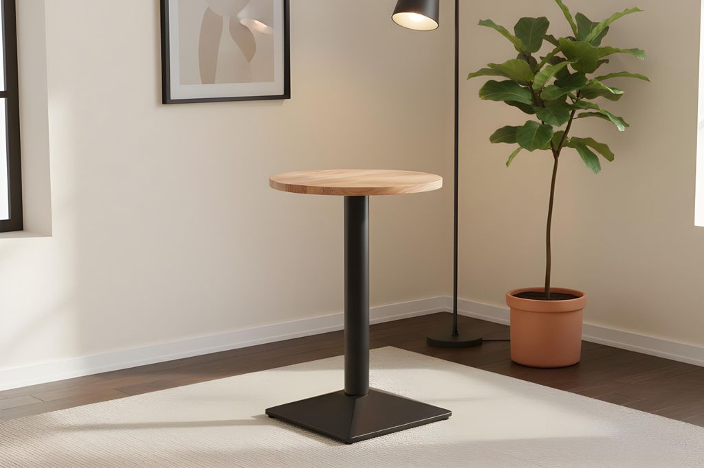 Bistrotisch massiv Akazie rund naturfarben 60 cm Säulengestell-eckig schwarz EMILIO