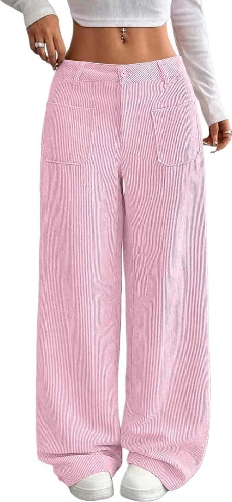 ASKSA Damen Cordhose High Waist Weites Bein Hosen Freizeithose Elegante Bequeme Locker Hose mit Taschen (Rosa,M)