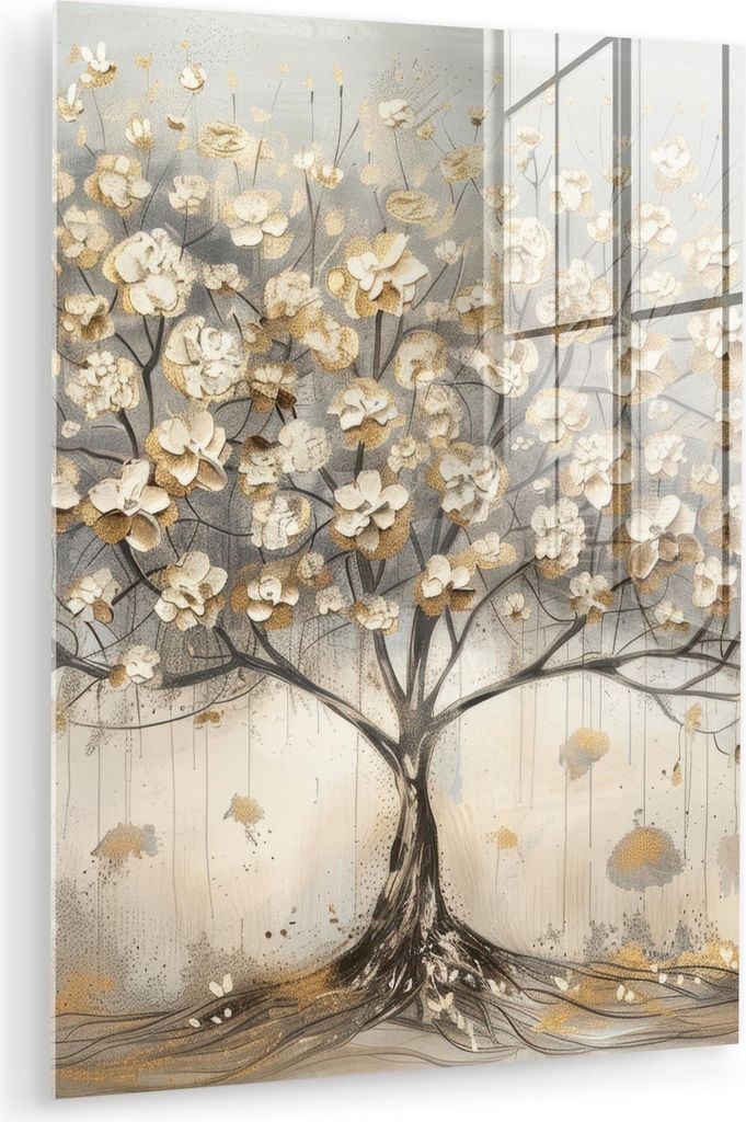 MuchoWow Glasbilder - Bilder auf Wandbild - Foto auf Glas Baum - Beige - Gold - - Grau 60x80 cm Wanddekoration aus Glas - Acrylglasbild - Acrylbil...