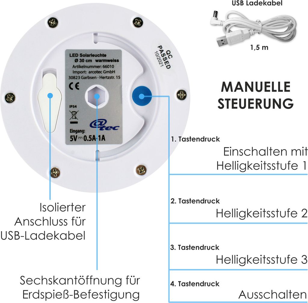 LED Kugelleuchte Solarkugel 30 cm Gartenlampe warmweiss Produktbild 3