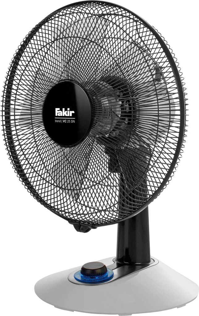 A close-up studio shot of a black and white desk fan.