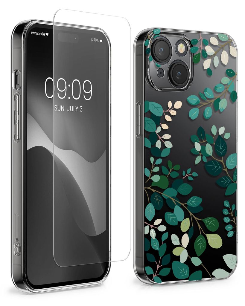 kwmobile Hülle kompatibel mit Apple iPhone 15 Handyhülle - Silikon Case transparent - Mit Glas Schutzfolie - Frühlingsblätter Grün Transparent