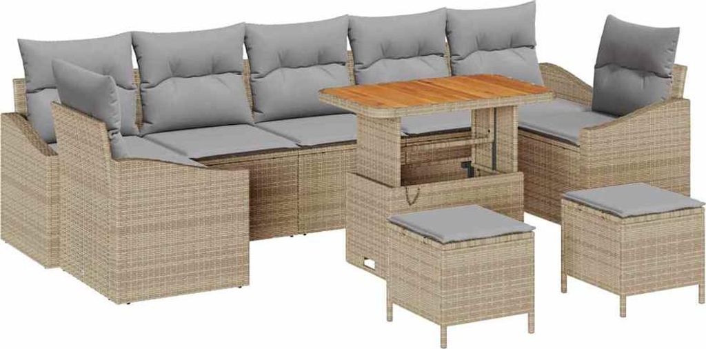 vidaXL Gartensofa-set mit Kissen mit Speicher 10 pcs Beige Poly Rattan