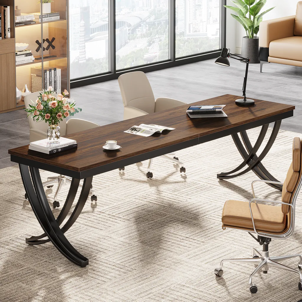 Grand Bureau Double Poste de Travail 200 cm Style Industriel Marron