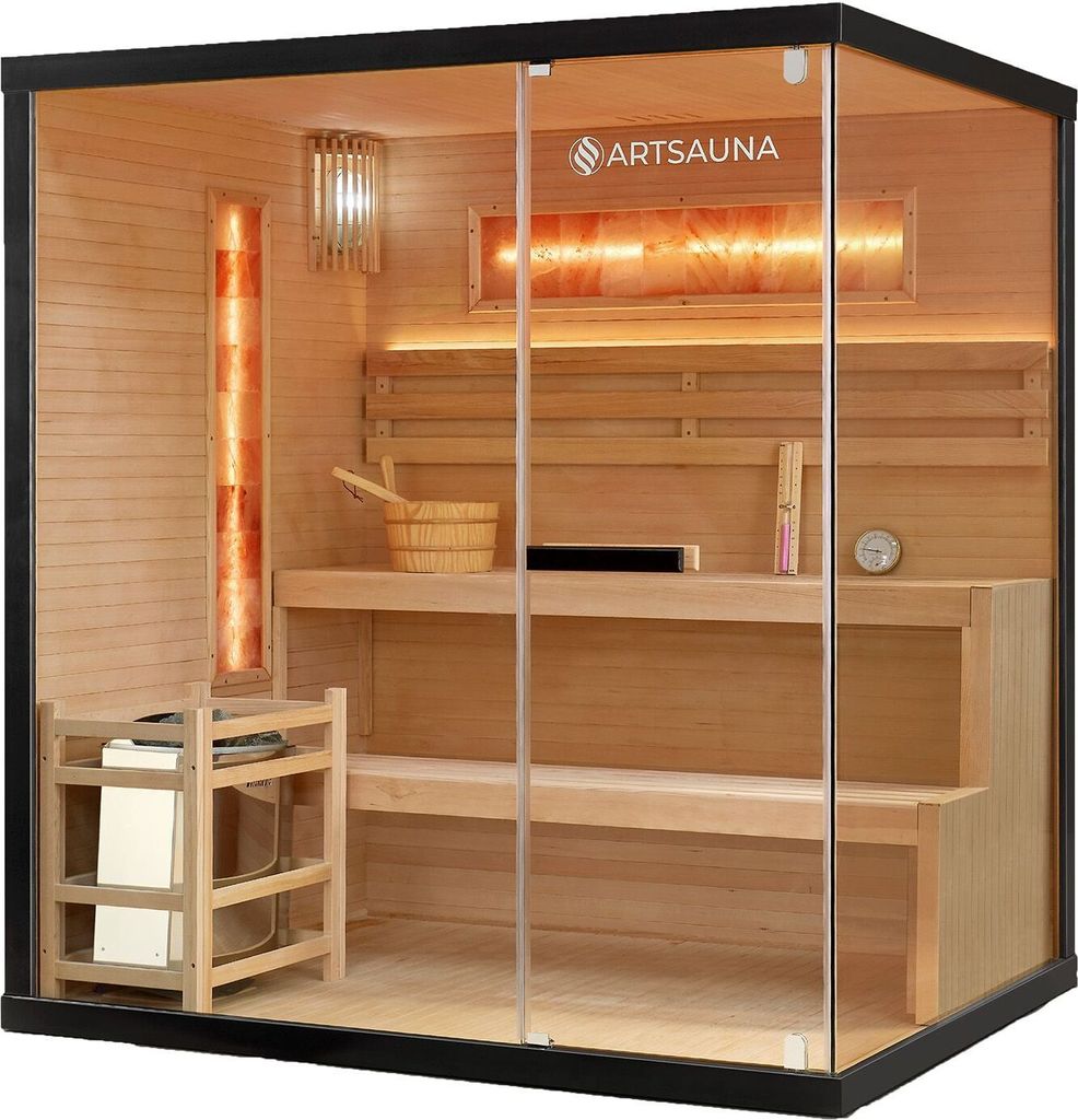 Artsauna Saunakabine Vantaa 175 mit Salzstein - Indoor Sauna 4 Personen - 8kW Ofen, Glasfront, LED Licht, Thermometer & Sanduhr - Komplett Set