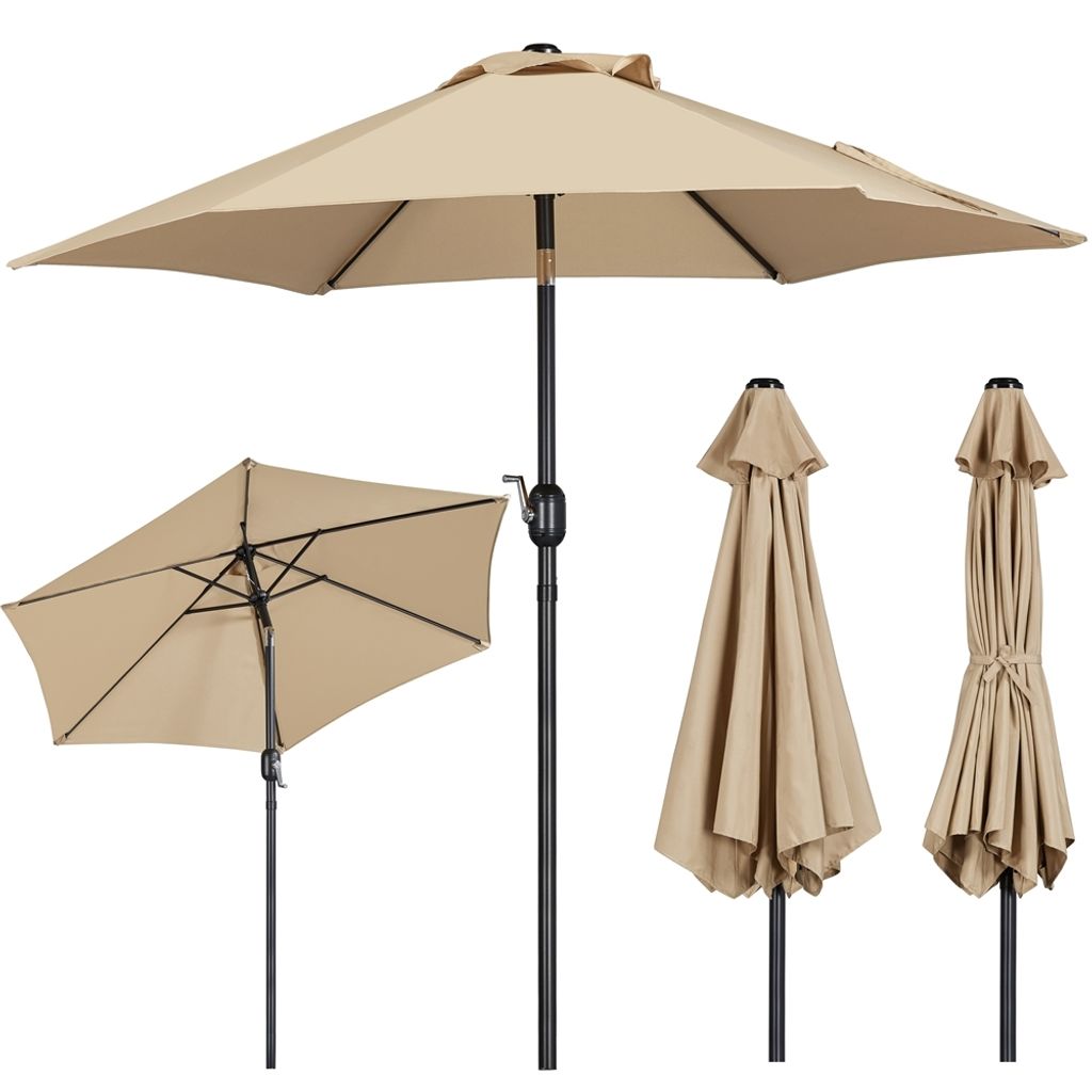 Multiple views of a beige patio umbrella on a white background.
