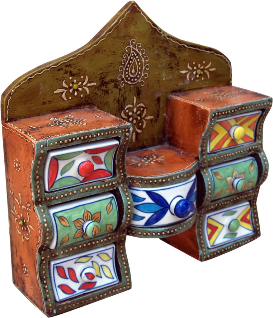 Kleines Apothekerschränkchen, Schmuckkästchen, Handbemaltes Schubfachschränkchen, Keramik - Modell 1, Mehrfarbig, Holz, 26*27*7 cm, Dosen, Boxen...