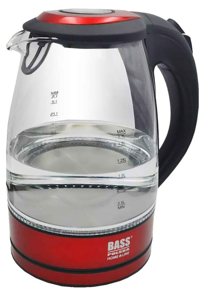 Bass Polska BH 10360 Wasserkocher Glas 1,7 L rot/schwarz mit LED Beleuchtung