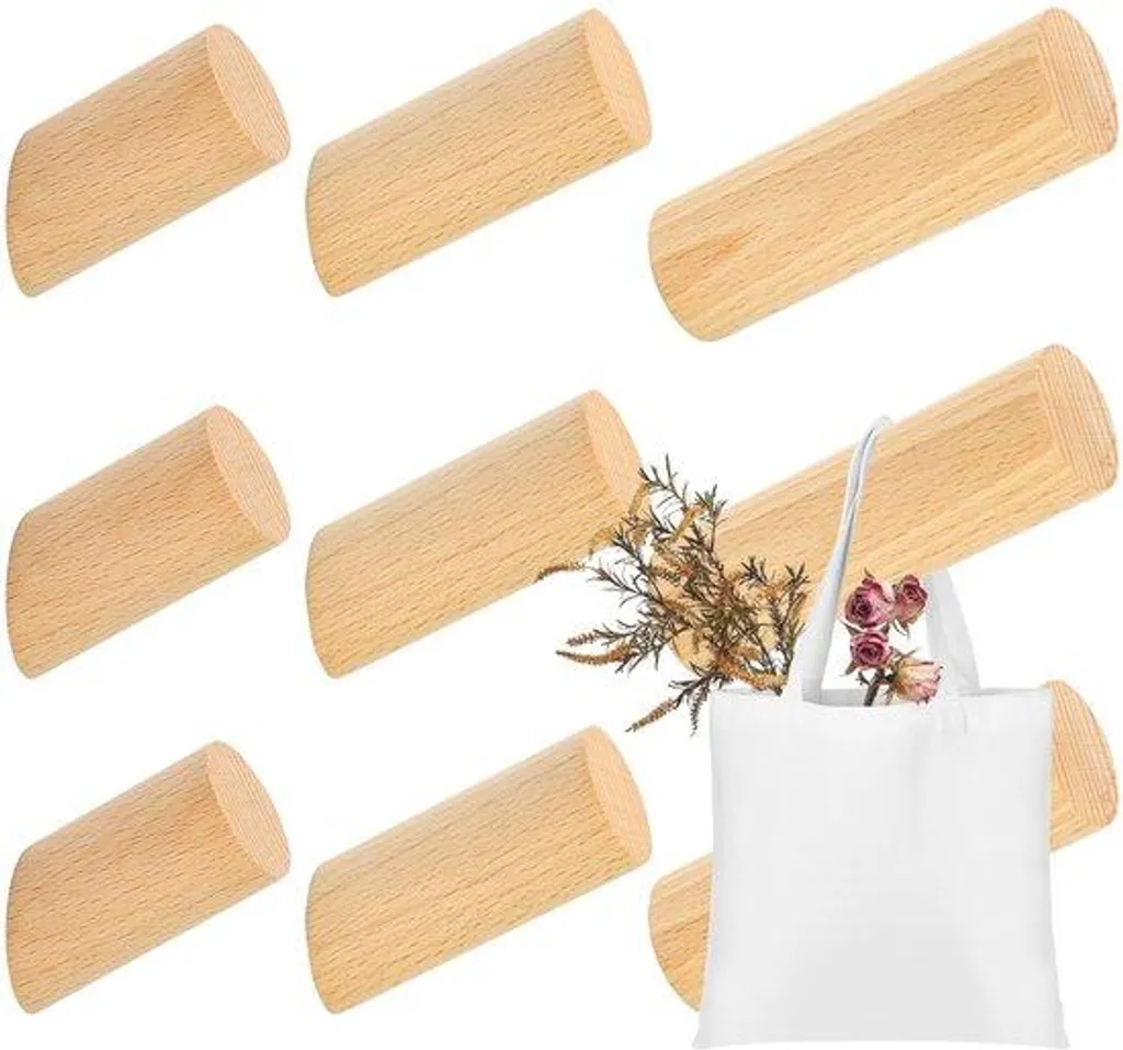 Lot de 9 Crochets en Bois Naturel - Hêtre (6, 8, 10 cm) - Fixation Murale