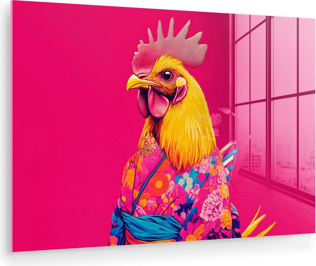 MuchoWow Glasbilder - Bilder auf Wandbild - Foto auf Glas Hahn - Bunt - Kimono - Rosa 30x20 cm Wanddekoration aus Glas - Acrylglasbild - Acrylbilde...