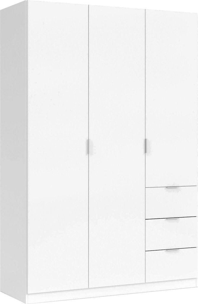 Garderobe Fullerton, Schlafzimmerschrank mit 3 Türen und 3 Schubladen, Schrank mit 3 Einlegeböden und Kleiderstange, 135x52h200 cm, Weiß