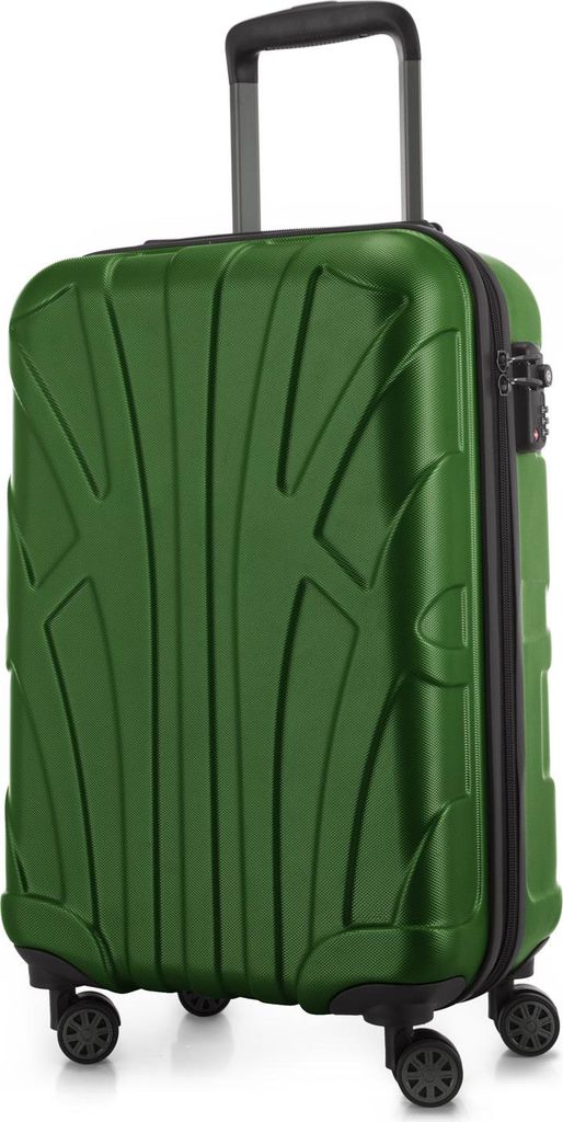A green suitcase with a textured surface and four wheels, shown from a slightly angled front view.
