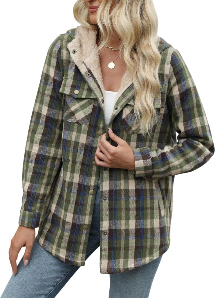 ASKSA Damen Jacke Karierte Winterjacke Oversize Langarm Winter Warme Gefuettert mit Kapuze Knoepfen Casual Maentel Jacken (Gruen,M)