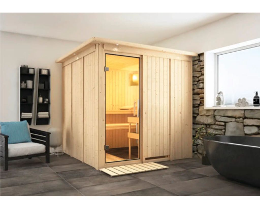 Elementsauna Karibu Rodina ohne Ofen mit Dachkranz und Ganzglastüre aus Klarglas