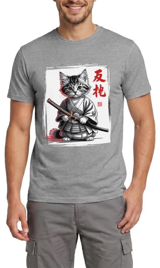 Spreadshirt Samurai Katze | Katze Im Japan-Look Männer T-Shirt, XL, Graphit meliert