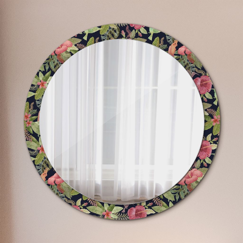 Kosmetikspiegel Spiegel - Flurspiegel - Spiegel mit Modischem Print – Dekospiegel - Hibiskus Blumen - Runder: Ø90cm