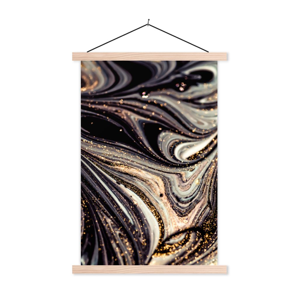MuchoWow Textilposter Marmoroptik - Schwarz - Gold - Weiß - Glitter - Marmor 120x180 cm mit holzfarbenen Rahmen - Textil-Plakat