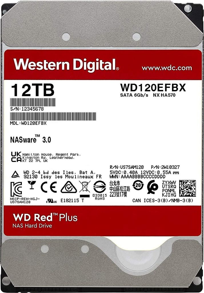 A close-up, front-facing view of a Western Digital 12TB Red Plus NAS Hard Drive.