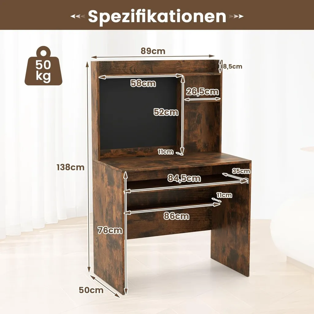 Bureau gain de place marron : tableau magnétique et support clavier LCD