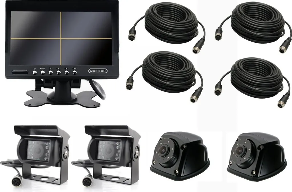 Système Moniteur QUAD 7 Pouces avec 4 Caméras de Recul et Câbles 15m