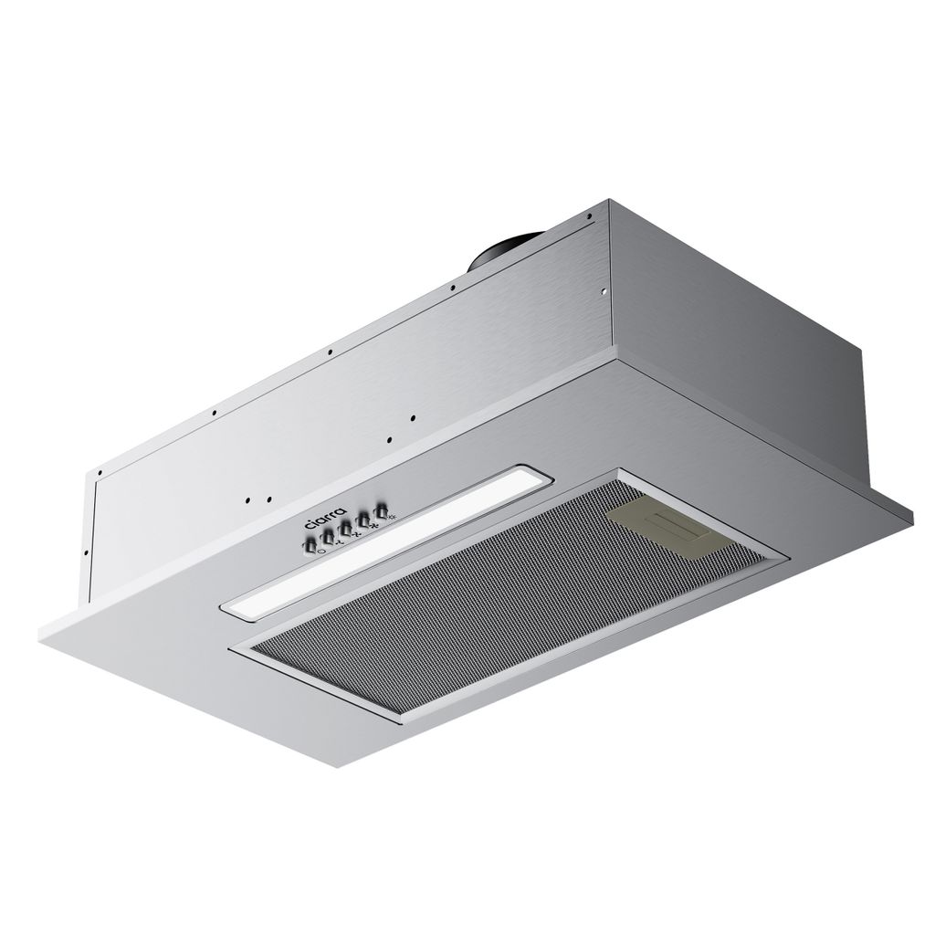 A silver range hood is shown against a white background.