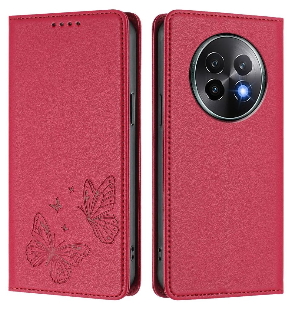 Lederhülle für Realme 13+ 5G, Schmetterling Prägung Leder Brieftasche Schutzhülle mit Ständer Rot
