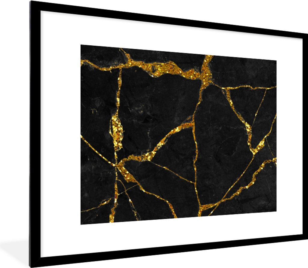 MuchoWow Gerahmtes Poster Marmor - Gold - Schwarz - Marmoroptik - Glitter 80x60 cm - Poster mit Schwarzem Bilderrahmen Wandposter Rahmen Foto Bil...